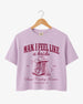 Bride and bridesmaids matching crop tops for a Nashville bachelorette rodeo weekend. Western script design with cowboy boot illustration, personalized with bride name, year, and destination city.