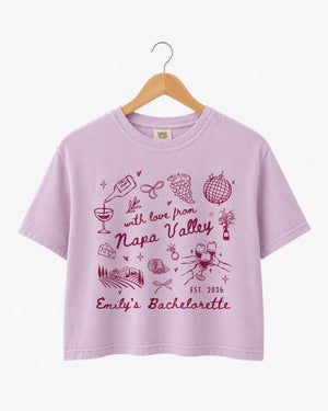 Bride and bridesmaid crop tops for a Napa Valley bachelorette weekend. Whimsical line-art doodle design with script. Personalized with bride name, year, and destination for the full crew.