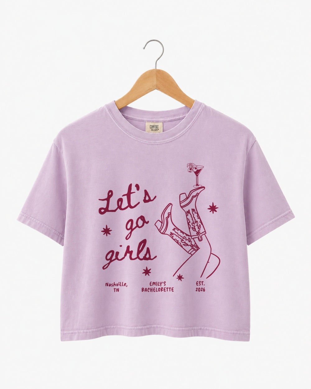 Bride and her girls wearing matching crop tops for a girls night out, featuring vintage line-art illustration and script typography. Perfect for bachelorette parties, girls trips, and hen nights.