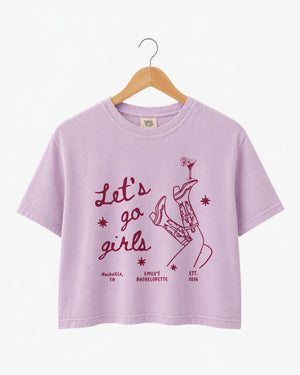 Bride and her girls wearing matching crop tops for a girls night out, featuring vintage line-art illustration and script typography. Perfect for bachelorette parties, girls trips, and hen nights.