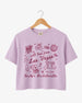 Bride and bridesmaids matching Las Vegas bachelorette crop tops with vintage line-art illustration and script lettering. Personalized with bride name, year, and destination city for the whole crew.