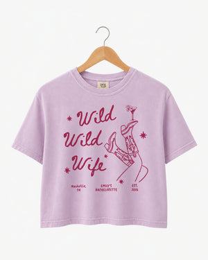 Custom Wild Wild Wife boxy tee with western inspired bride design for last rodeo parties
