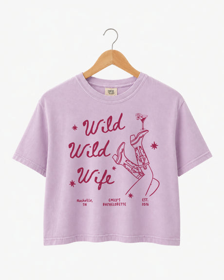 Custom Wild Wild Wife boxy tee with western inspired bride design for last rodeo parties
