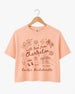 Hand-drawn doodle script bachelorette crop top with playful icons and a love-letter-to-the-city theme. Personalized with bride name, destination city, and EST year for the whole crew.