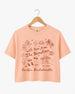 Playful illustrated doodle bachelorette crop top with script lettering and hand-drawn art, Hamptons weekend theme. Personalized with bride name, date, and destination for the whole crew.