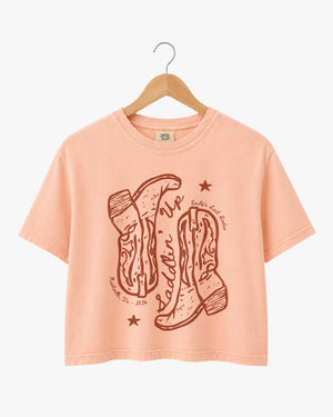 Settlin' Down & Saddlin' Up Cowgirl Boots Crop Top Peachy