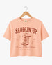 Vintage western bachelorette crop top with serif and script typography, rodeo-themed Last Rodeo design. Bride name, year, and city customizable for the full bachelorette crew.