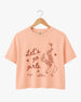 Vintage line-art crop top for girls night out, featuring script lettering with cowboy boots and martini glass illustrations. Boxy cropped fit made for the whole crew.