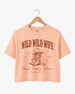 Cropped bachelorette top with vintage western illustration and script typography for a cowgirl bride bachelorette. Personalized with bride name, year, and destination city for the full Nashville crew.