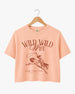 Vintage western illustration bachelorette crop top with script typography and rodeo art. Personalized with bride name, destination city, and year for the whole bachelorette crew.