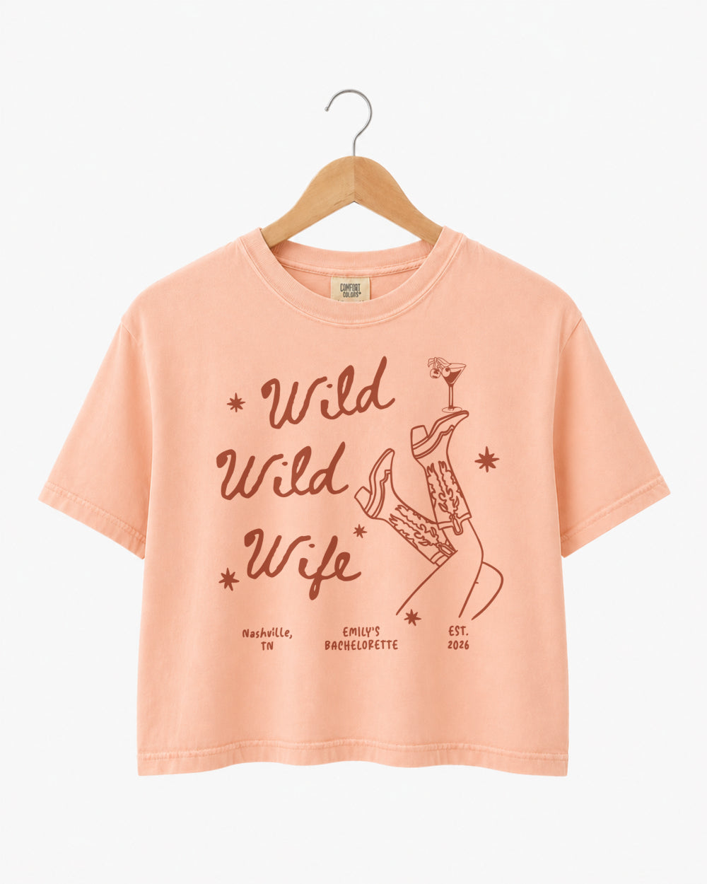 Country bachelorette crop top with Wild Wild Wife graphic for matching bridal party looks