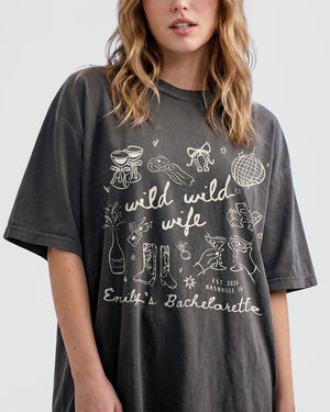 Matching shirts for the bachelorette crew with a Wild Wild Wife whimsical doodle theme. Personalized with bride name and weekend details for the whole bridal party.