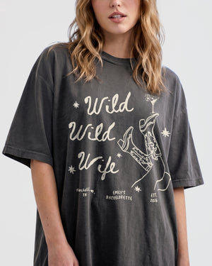 Bachelorette weekend tee with vintage illustration script lettering and Wild Wild Wife theme. Perfect for the bride and her crew at a girls trip, bar crawl, or destination party weekend.