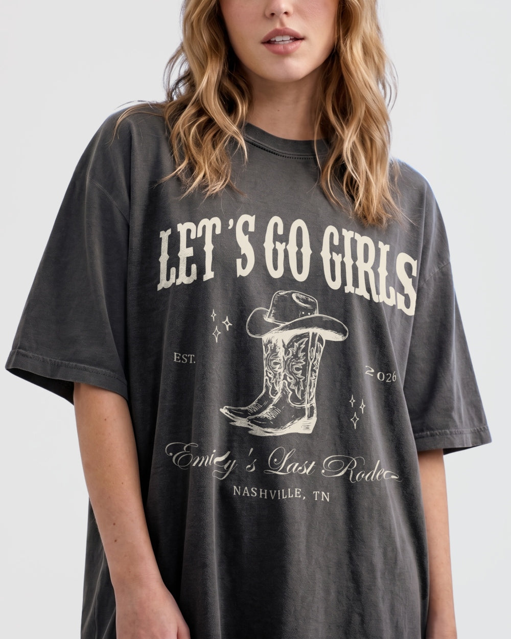 Bachelorette party tee for a Nashville last rodeo weekend, vintage western style with script lettering. Bride name, year, and destination city customizable for the whole crew.