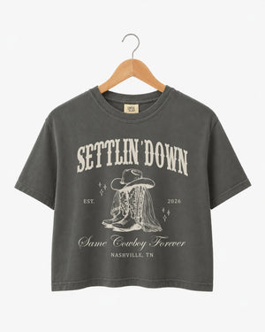 Cropped bachelorette rodeo tee with vintage western illustration and script lettering. Personalized with bride name, date, and city for the last rodeo crew.
