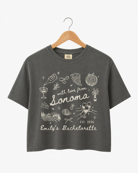Wine country bachelorette shirt with Sonoma design for bridal party photos
