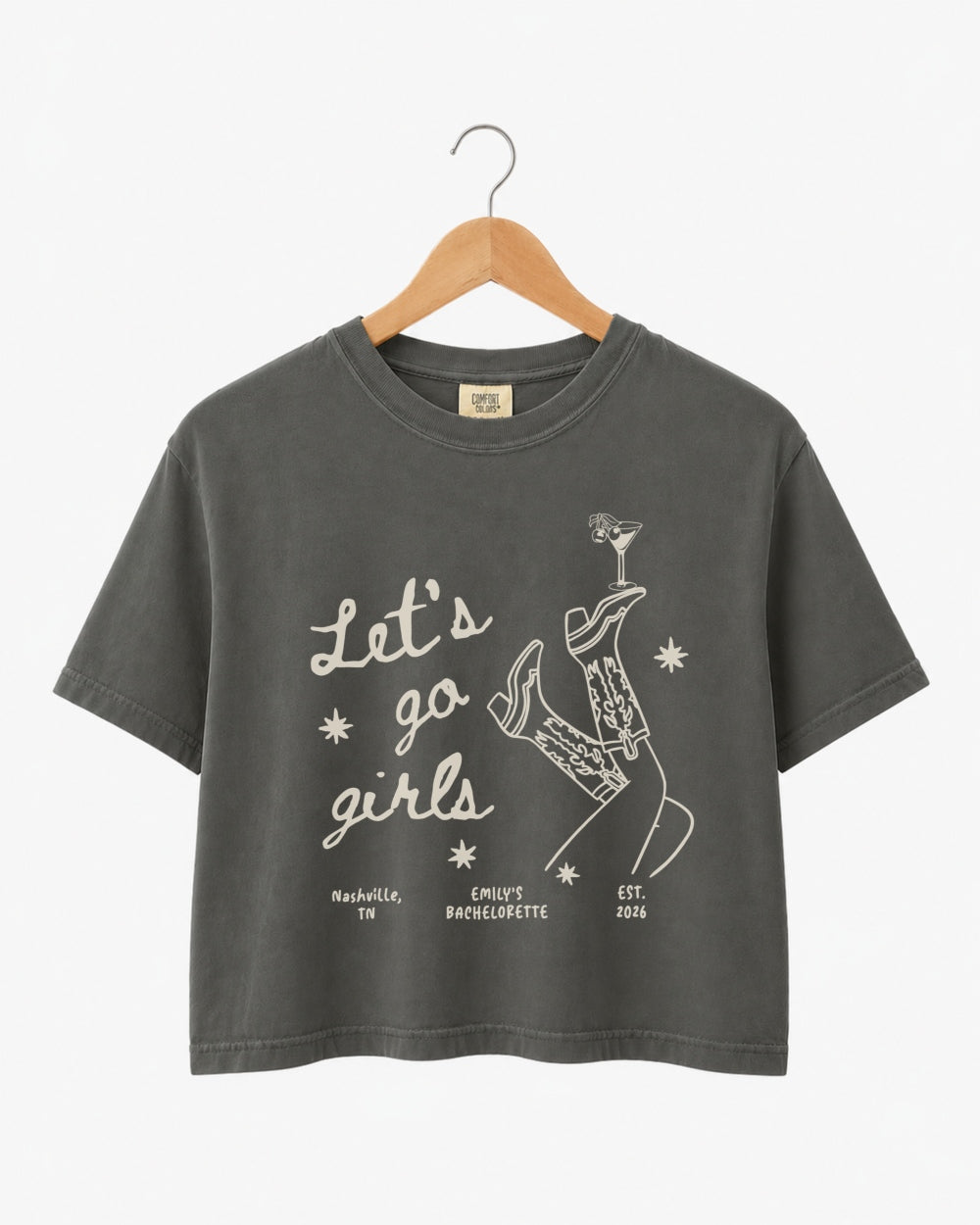 Cropped girls night out tee with vintage line-art illustration and script typography, perfect for a bachelorette party, girls trip, or a night on the town with the whole crew.