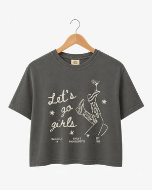 Cropped girls night out tee with vintage line-art illustration and script typography, perfect for a bachelorette party, girls trip, or a night on the town with the whole crew.