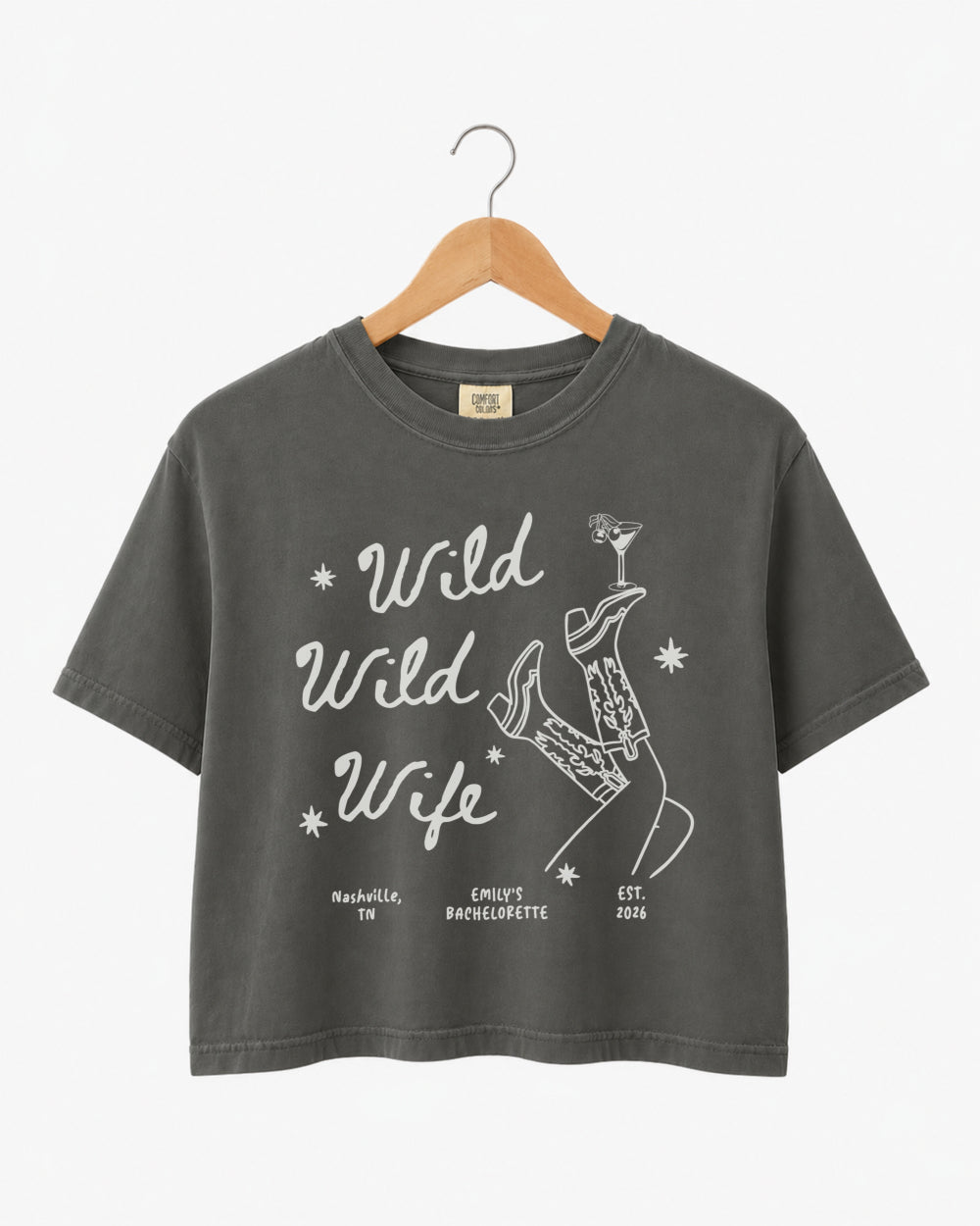 Personalized bride crop top with cowgirl themed Wild Wild Wife design for party photos