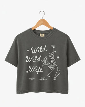 Personalized bride crop top with cowgirl themed Wild Wild Wife design for party photos