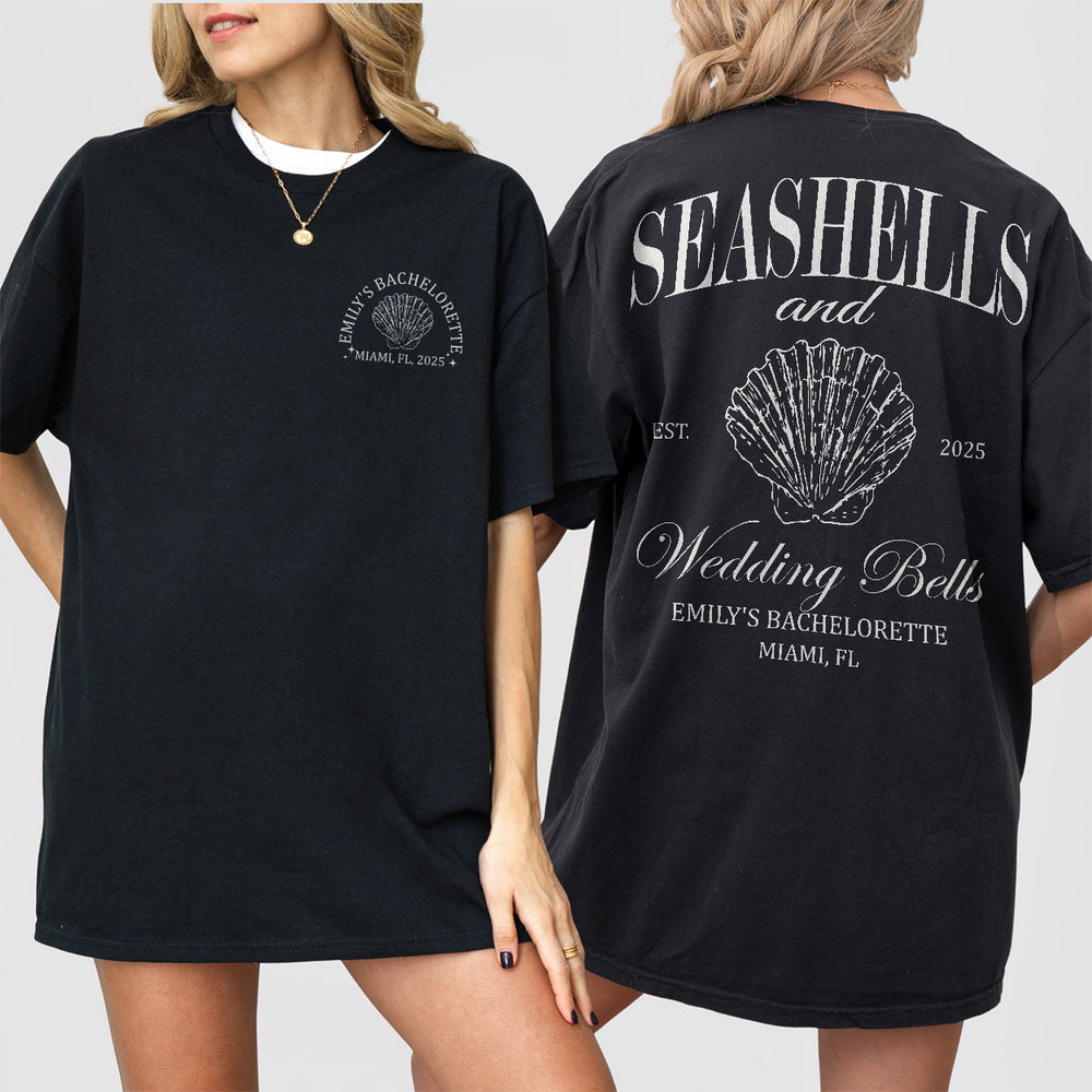 Soft black cotton bachelorette party shirt featuring seashells and wedding bells design perfect for beach bach, bridal shower, or girls weekend