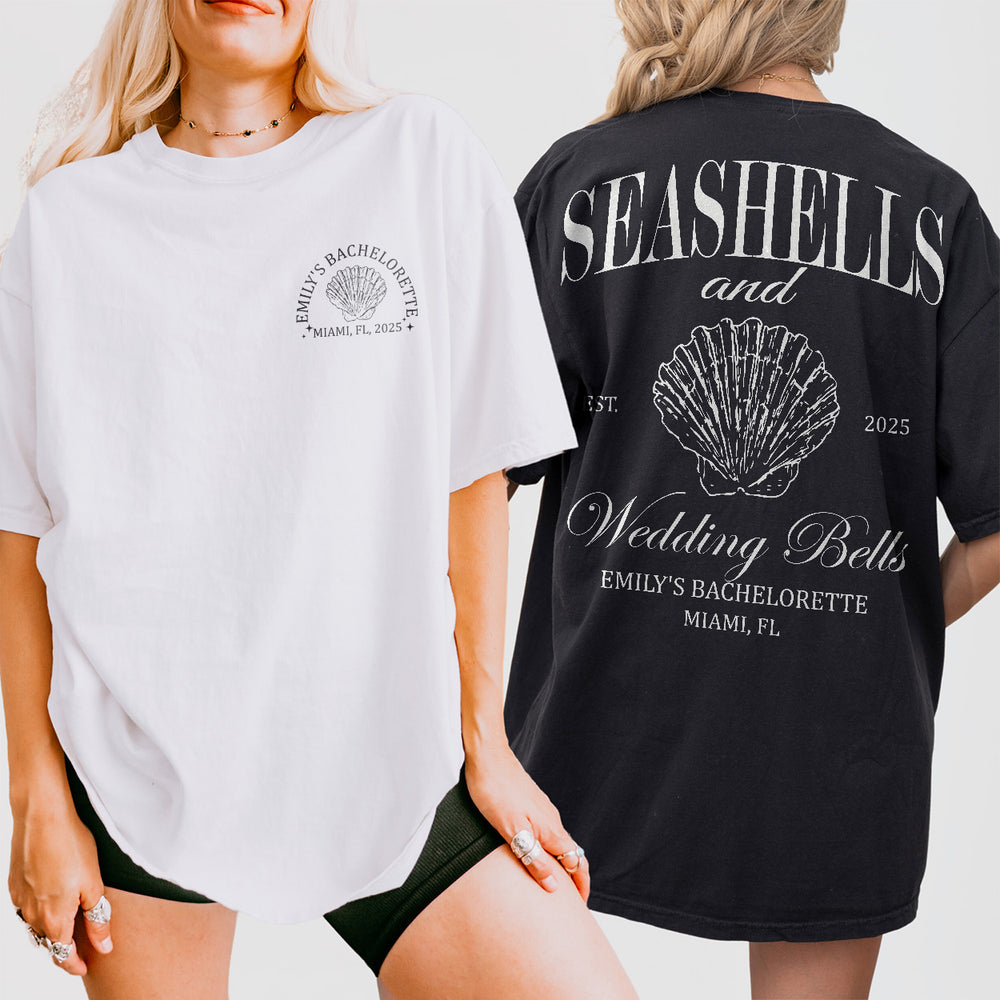 Comfortable matching coastal bachelorette party shirts with seashell and wedding bell designs for the bridal party's beach weekend celebration