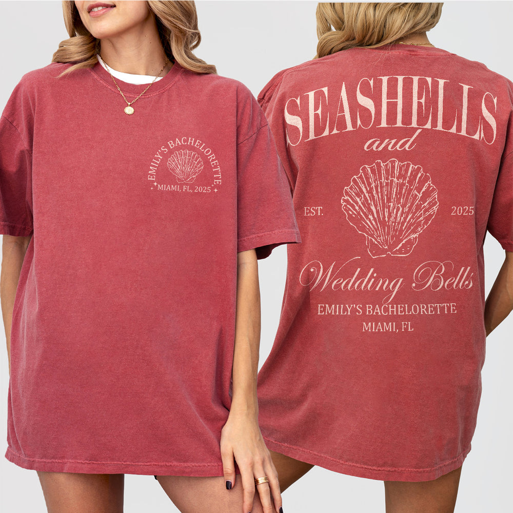 Crimson cotton comfort shirt for beach bachelorette parties, coastal bridal showers, or girls weekend with seashells and wedding bells design
