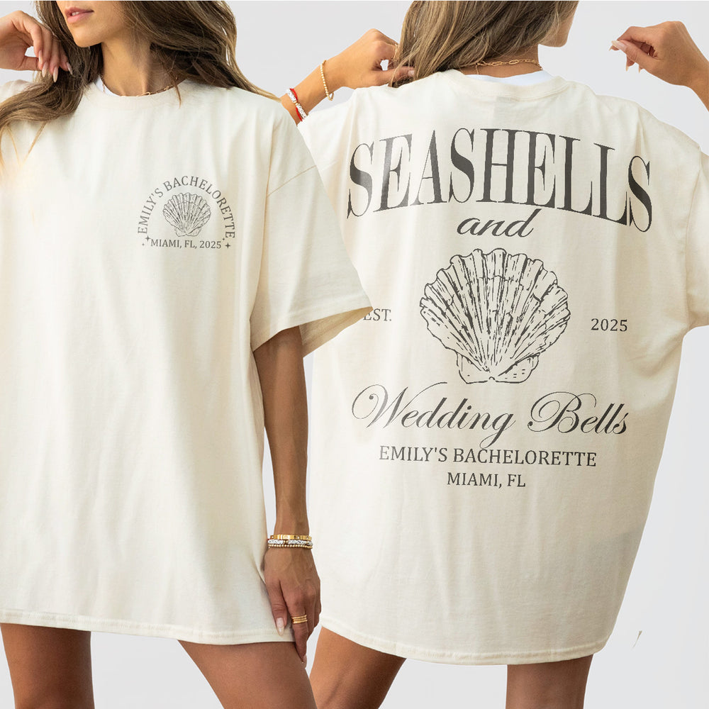 Ivory cotton shirt for a beach bach weekend, coastal bachelorette party, or bridal shower with seashells and wedding bells design