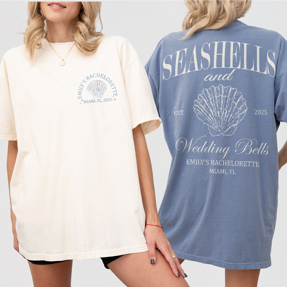 Matching coastal-themed bridal party shirts for a beach bachelorette weekend with seashell and wedding bell graphics