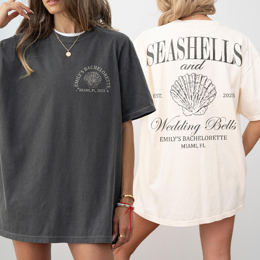 Coordinating coastal bachelorette party shirts featuring seashell and wedding bell designs for a beach bridal shower or girls weekend