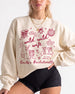 Bachelorette weekend sweatshirt with Wild Wild Wife doodle theme for the bride and her crew. Personalized with bride name, date, and destination city for the full matching set.