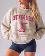 Bachelorette weekend sweatshirt with country western theme, vintage cowboy boot art, and bold serif script. Personalized with bride name, date, and destination city for the whole Nashville crew.