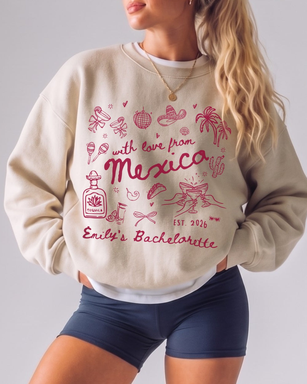 Bride and bridesmaids matching bachelorette sweatshirts with hand-drawn Mexico doodle art. Personalized with bride name, year, and destination for the full crew.