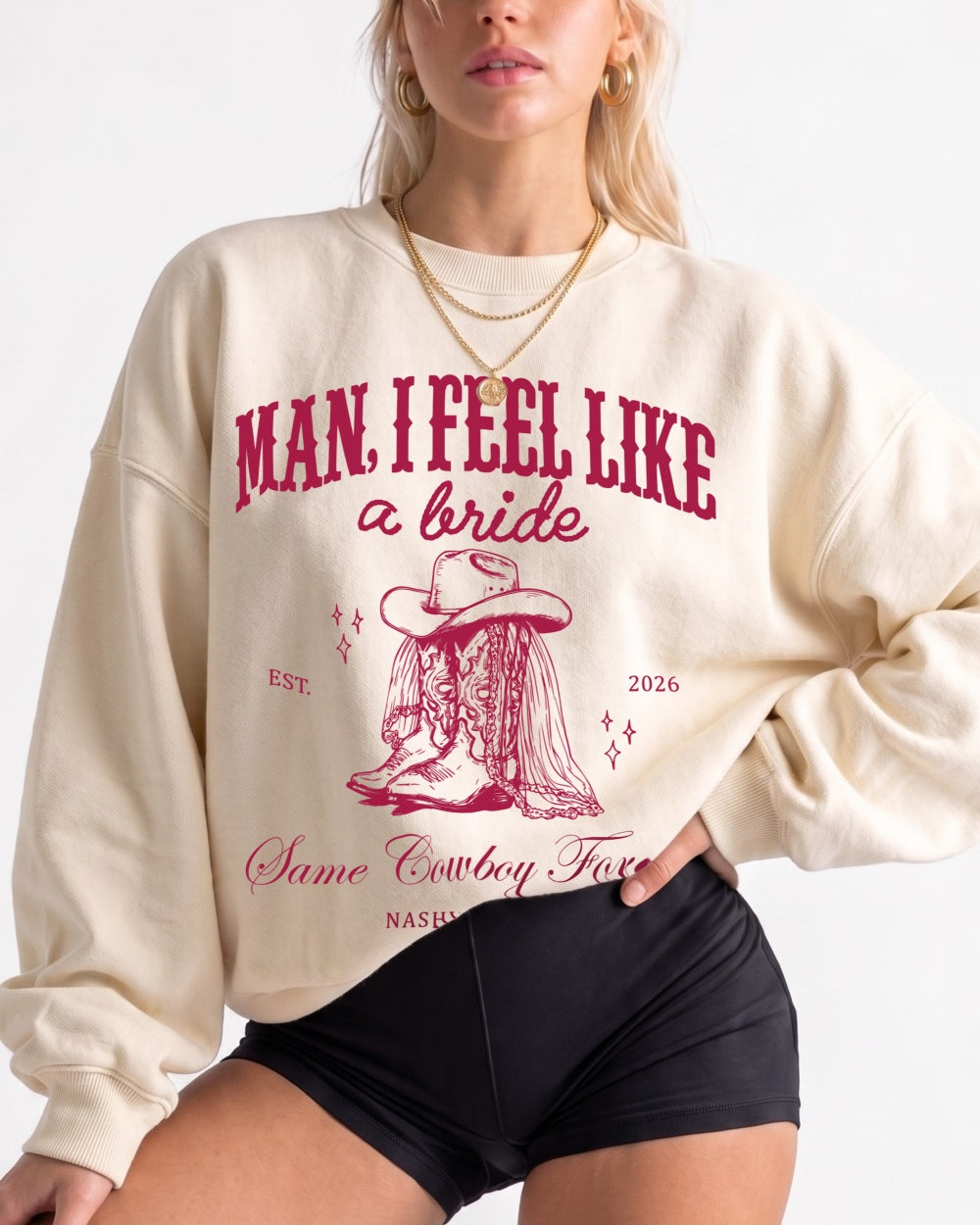 Personalized bachelorette sweatshirt with bride name, EST. year, and destination city on a country western Last Rodeo design. Customizable for the whole crew, Nashville or any city.