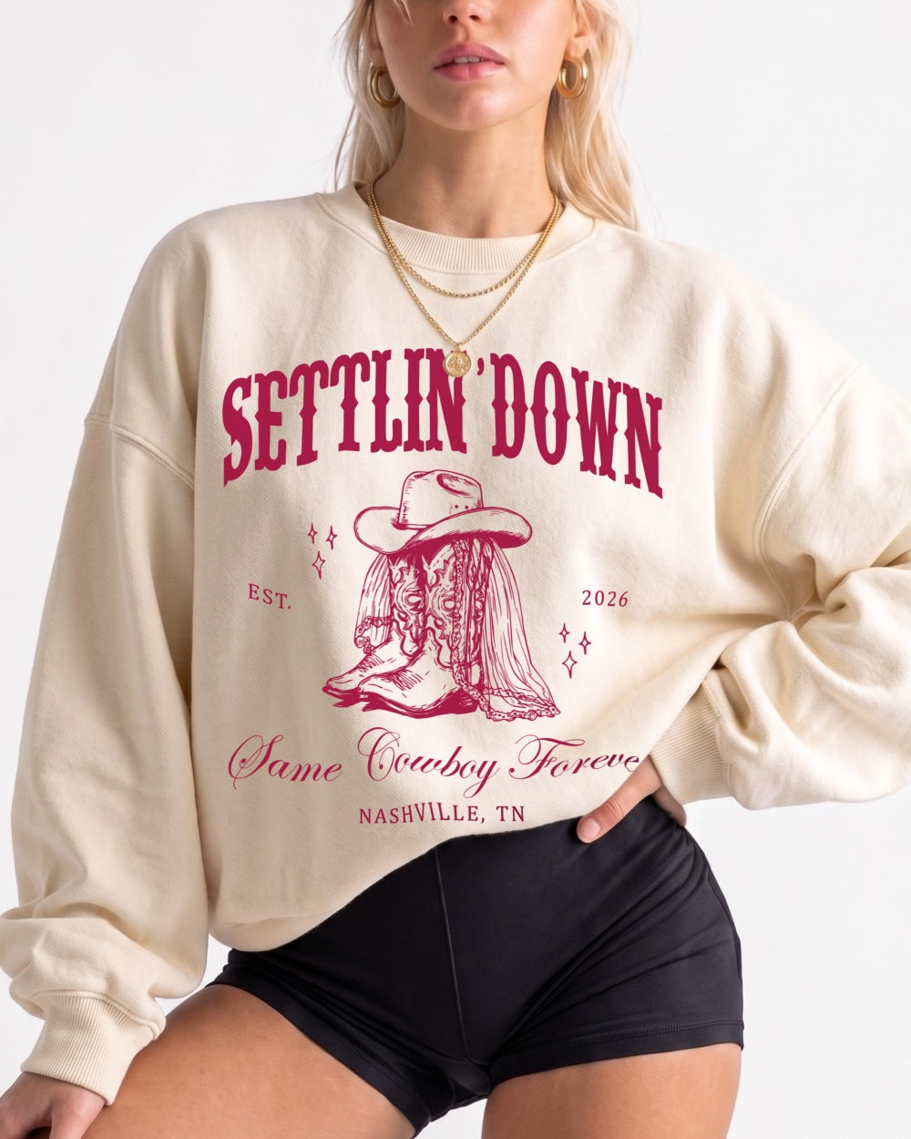 Personalized western bachelorette sweatshirt with bride name, EST. year, party name, and destination city. Vintage serif typography and western illustration for the whole bachelorette crew.