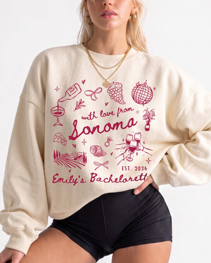 Personalized winery bachelorette sweatshirt with Sonoma design for bride weekend photos