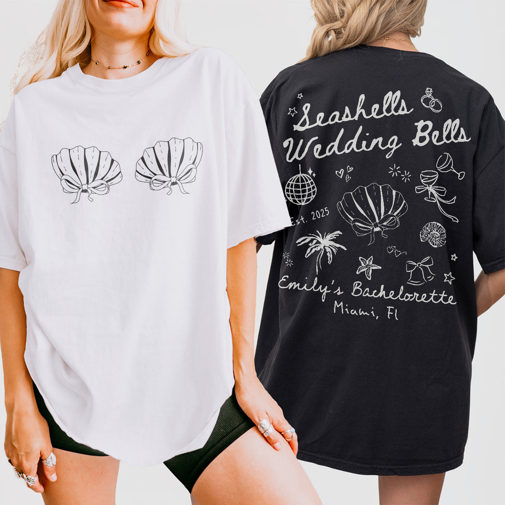 Seashells and Wedding Bells Bachelorette Shirt Custom Beach Bachelorette Personalized Coastal Bachelorette Tshirt Seashell Hens Party Outfit - matching Image