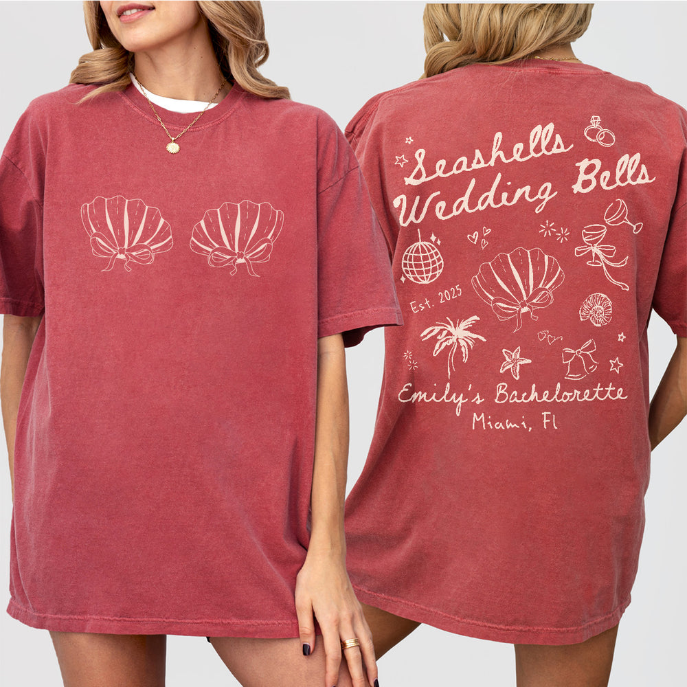 Seashells and Wedding Bells Bachelorette Shirt Custom Beach Bachelorette Personalized Coastal Bachelorette Tshirt Seashell Hens Party Outfit - Crimson Product Image