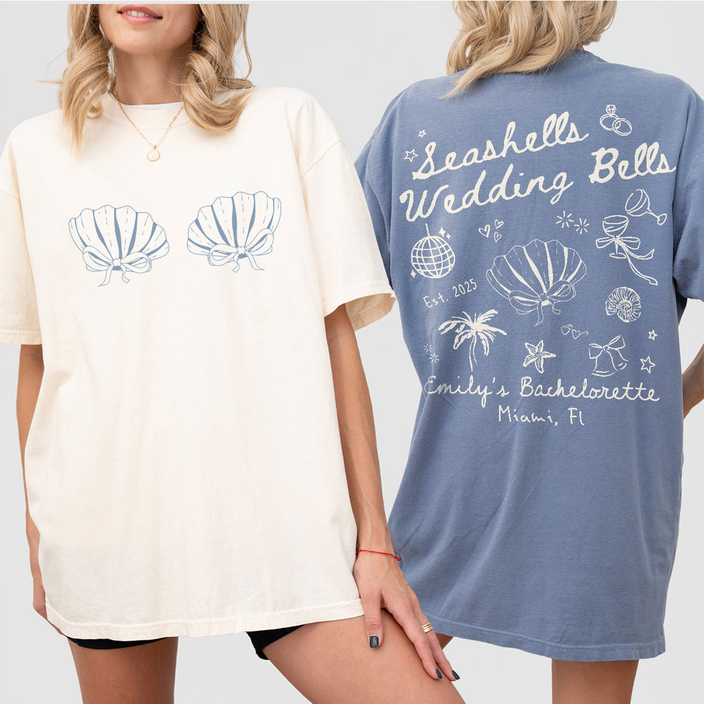 Seashells and Wedding Bells Bachelorette Shirt Custom Beach Bachelorette Personalized Coastal Bachelorette Tshirt Seashell Hens Party Outfit - matching Image