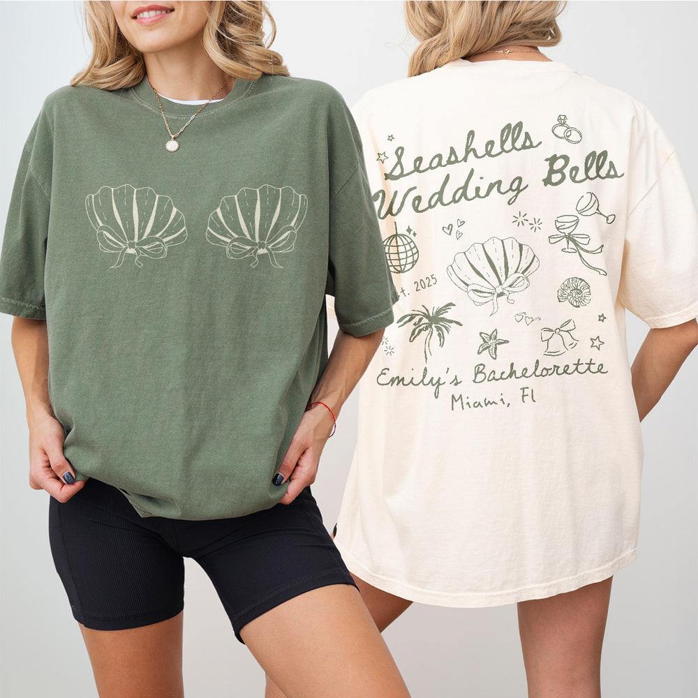 Seashells and Wedding Bells Bachelorette Shirt Custom Beach Bachelorette Personalized Coastal Bachelorette Tshirt Seashell Hens Party Outfit - matching Image