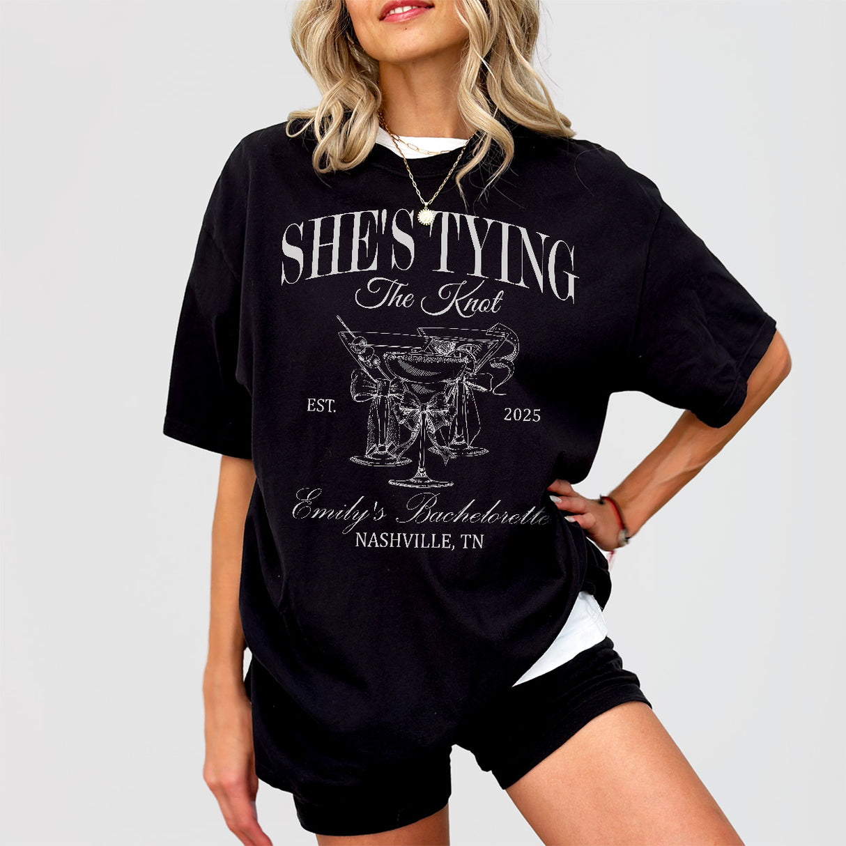 She&#39;s Tying the Knot Custom Bow Bachelorette Party Shirts Wine Bachelorette Matching TShirts Cocktail Club Bride Tribe Sweatshirt Girls Trip - Black Product Image