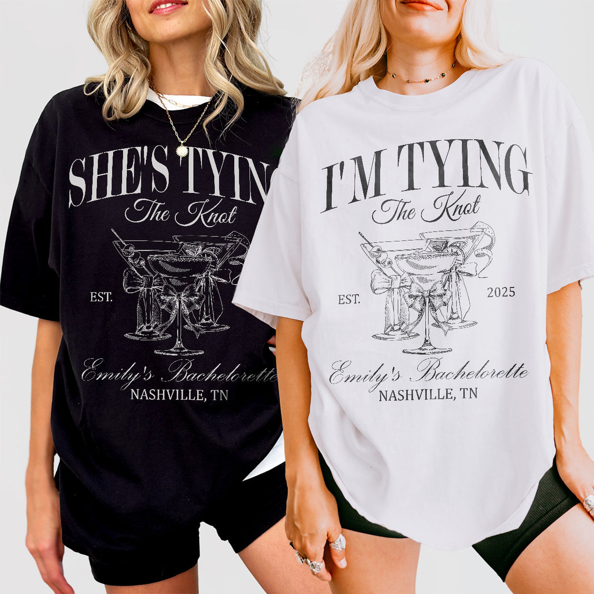 She&#39;s Tying the Knot Custom Bow Bachelorette Party Shirts Wine Bachelorette Matching TShirts Cocktail Club Bride Tribe Sweatshirt Girls Trip - matching Image