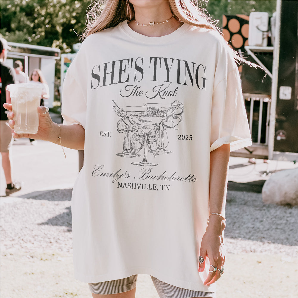 She&#39;s Tying the Knot Custom Bow Bachelorette Party Shirts Wine Bachelorette Matching TShirts Cocktail Club Bride Tribe Sweatshirt Girls Trip - lifestyle Image