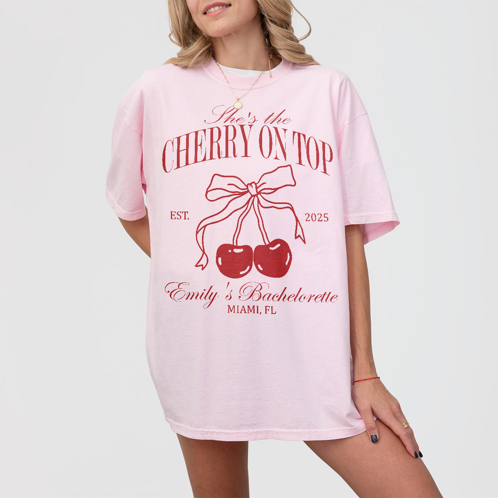 Bachelorette party shirt with a cherry graphic, perfect for the bride-to-be or bridesmaids celebrating the bridal shower or wedding festivities