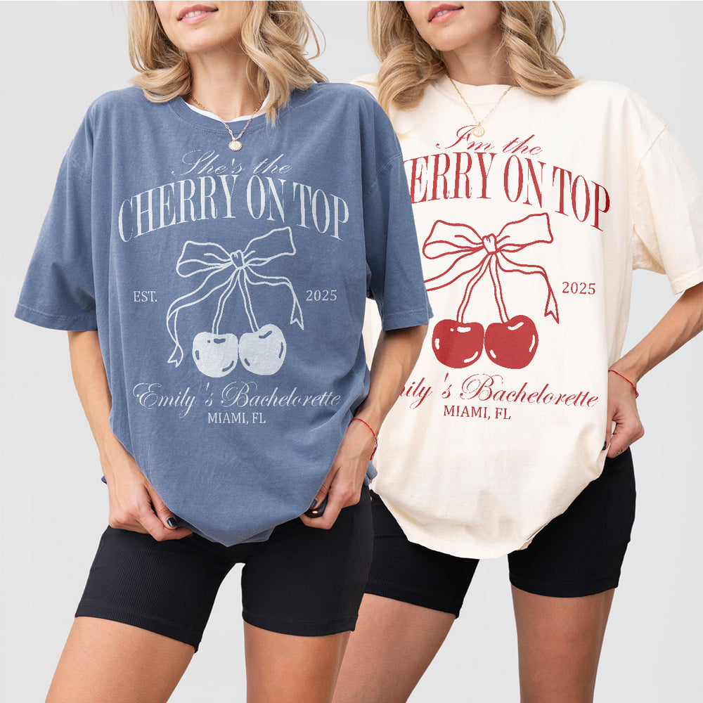 Matching cherry-themed bachelorette party shirts with bows and playful design, perfect for bridesmaids and bridal shower gifts