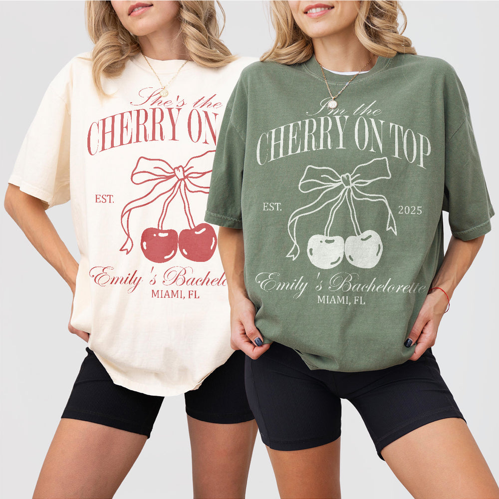 Matching bachelorette party shirts with cherry graphics, perfect for bridal showers or birthday celebrations with the bride and bridesmaids