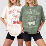 Matching bachelorette party shirts with cherry graphics, perfect for bridal showers or birthday celebrations with the bride and bridesmaids