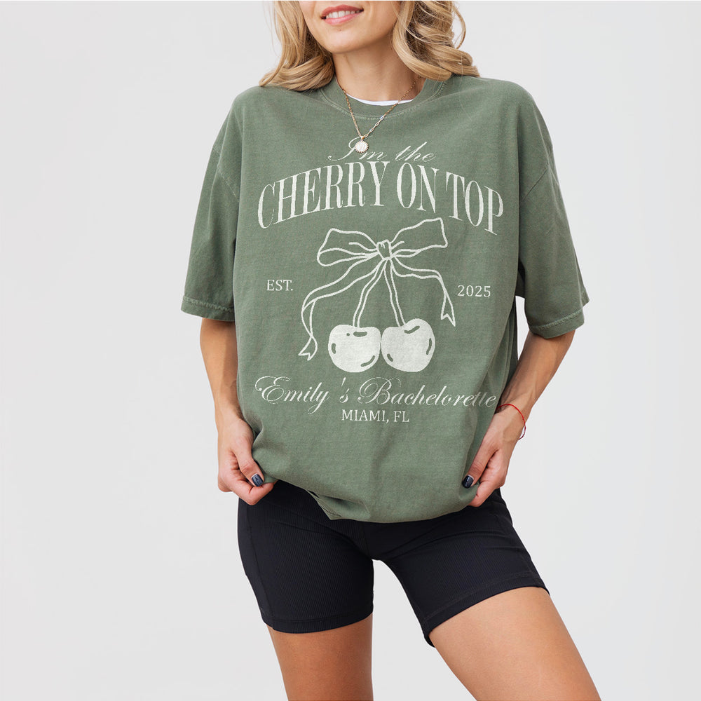 Cotton bachelorette party shirt with a cherry design, ideal for the bride-to-be or bridesmaids to wear during bridal showers or bachelorette celebrations