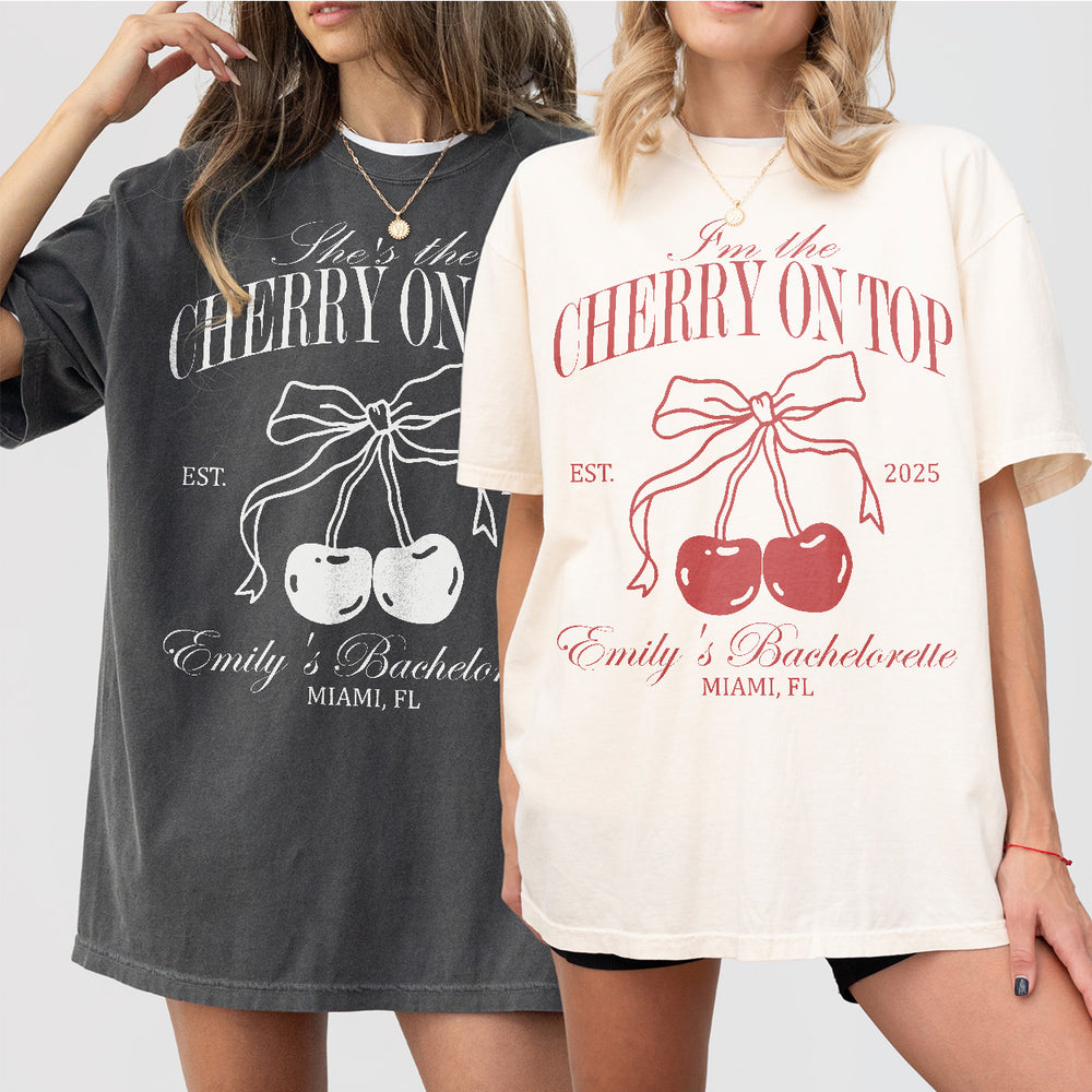 Coordinating cherry bachelorette shirts for the bridal party with a fun cherry on top design, perfect for bachelorette celebrations and bridal showers