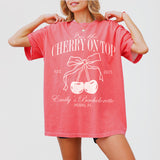 Bachelorette party watermelon red cotton shirt with a cherry bow design, perfect for the bride-to-be's cherry on top themed bridal shower or birthday